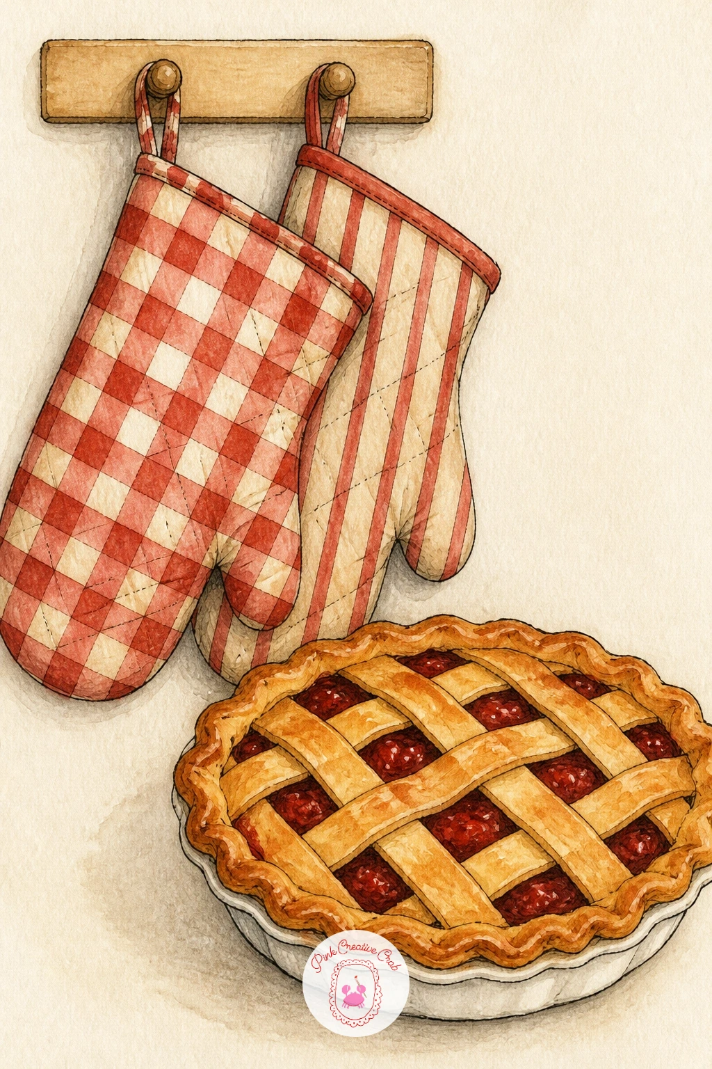 Oven Mitts and a Pie — A pie fresh from the oven pairs naturally with a pair of hanging oven mitts, and this combination is a nice exercise in varying texture