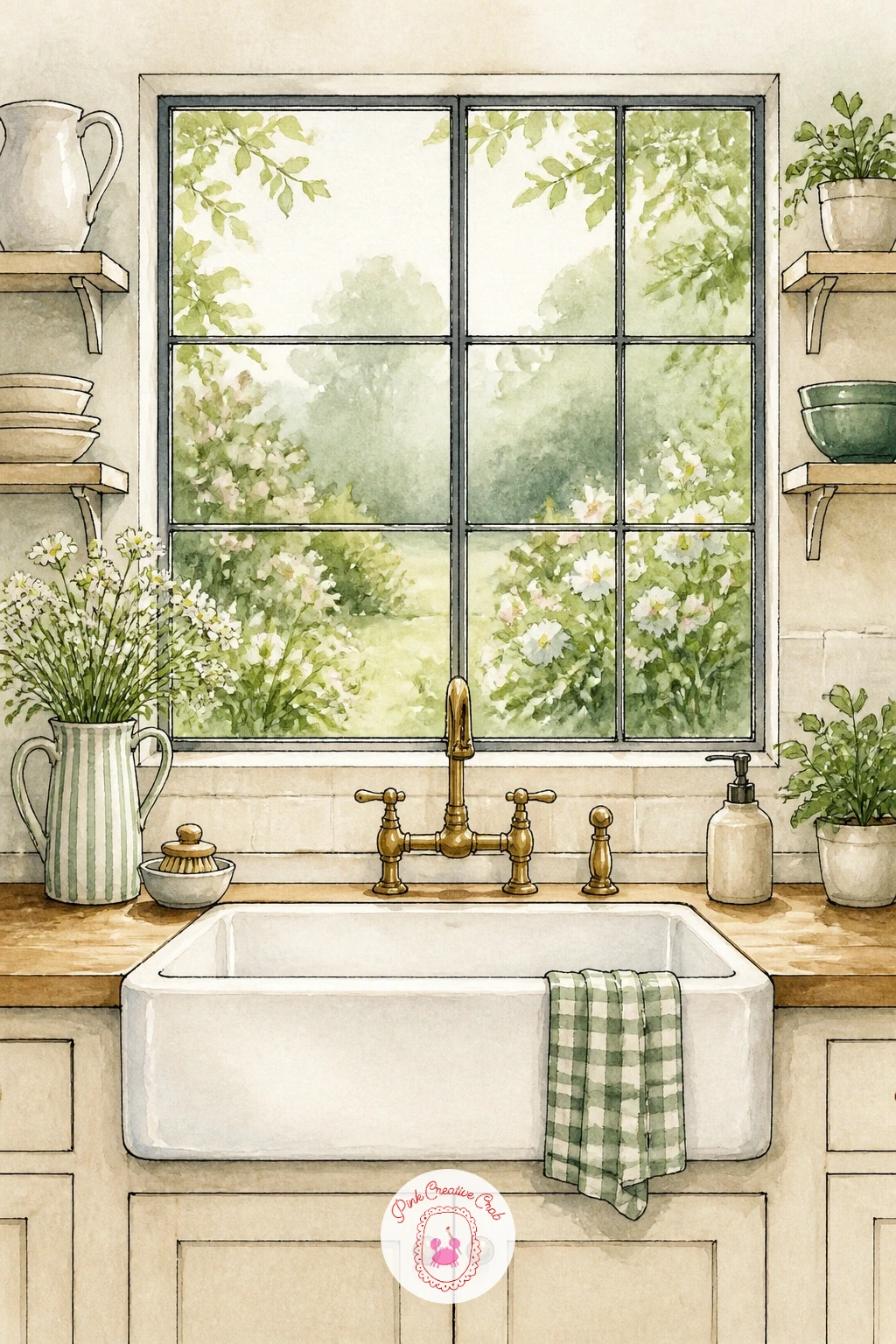 Sink With a View of the Garden — Here the window view matters more than the sink itself, so set up your eye level at standing height looking slightly down and