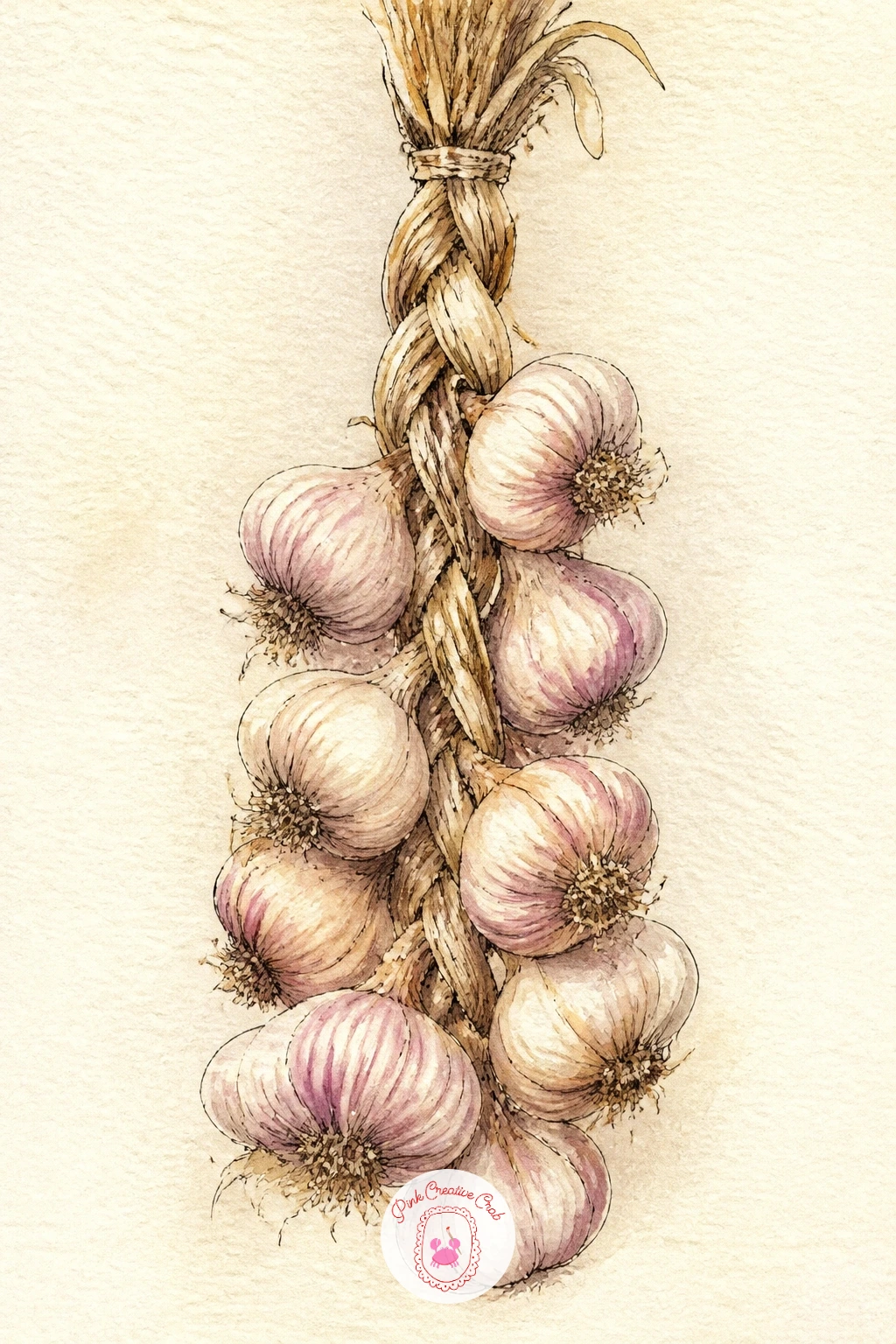 Garlic Braid Hanging — A garlic braid rewards a steady hand with repeating shapes, so plan the structure before you paint: a thick woven stem at the top, then