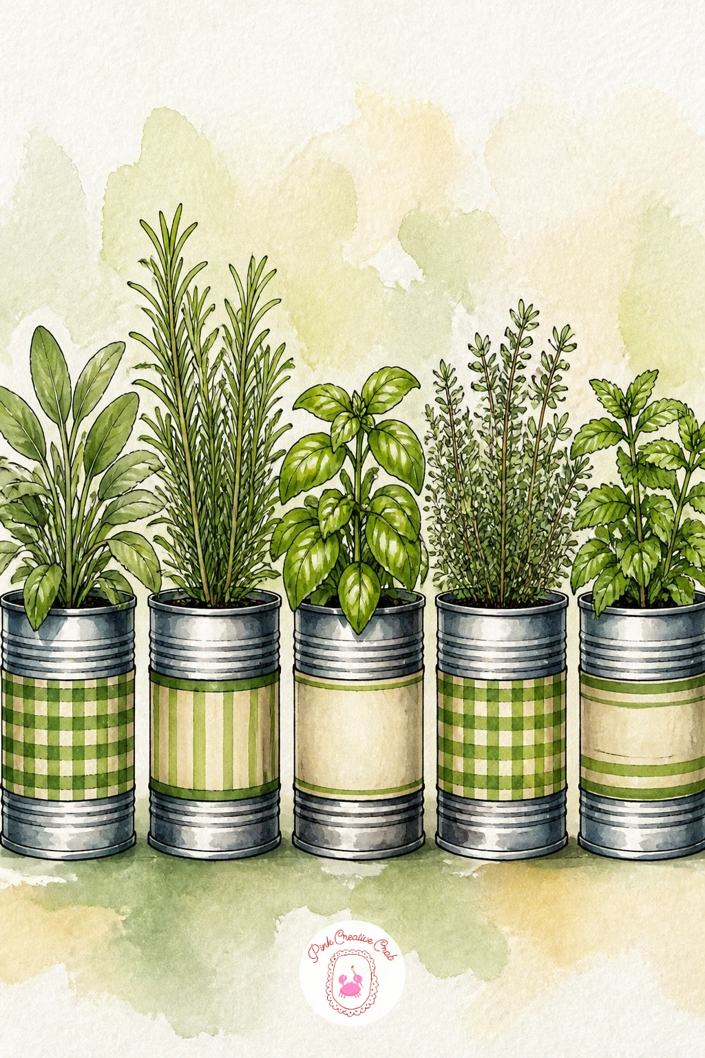 Herb Garden in Tin Cans — Three or four tin cans lined up as planters make a nice variation on the window sill idea from earlier, this time with a focus on the