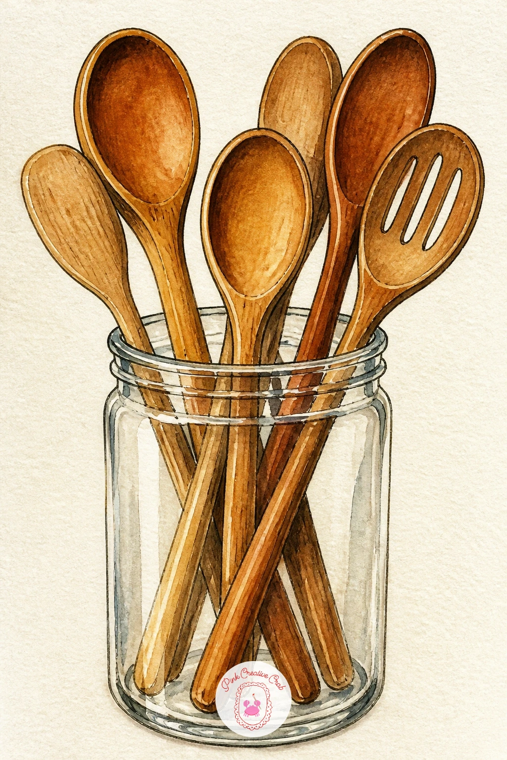 Cutlery Jar With Wooden Spoons — A jar of wooden spoons and utensils is a quiet, easy subject that still teaches a useful skill: painting several thin vertical