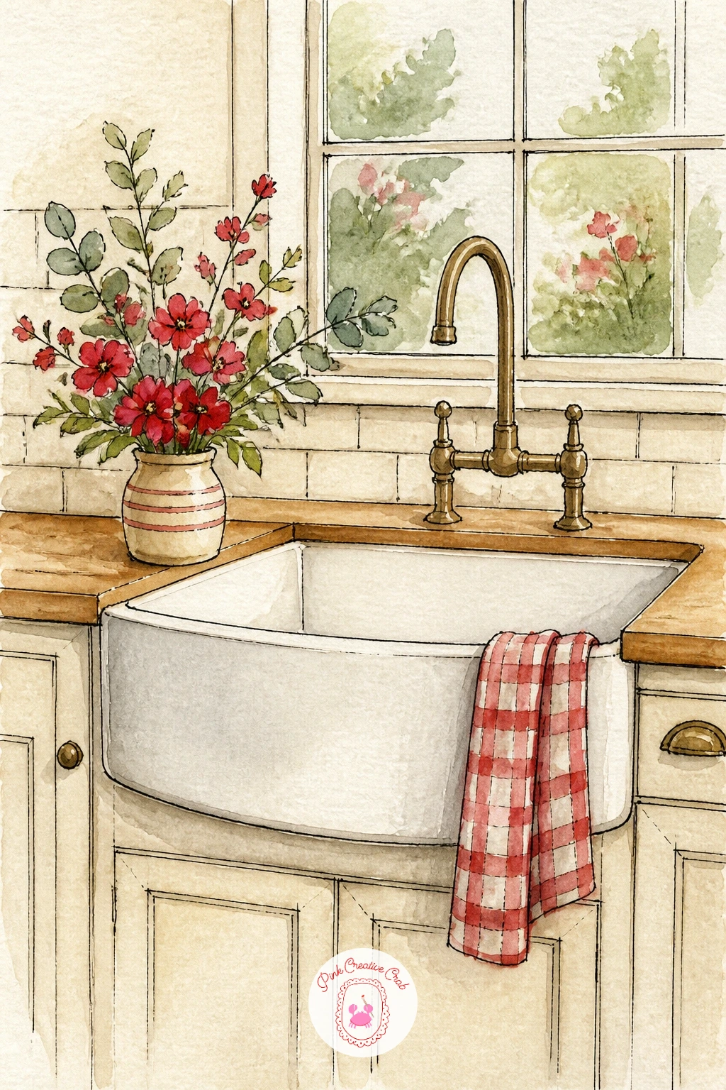 Farmhouse Sink With Flowers — This farmhouse sink takes the apron-front style, a deep rectangular basin with a visible curved front panel, which is worth