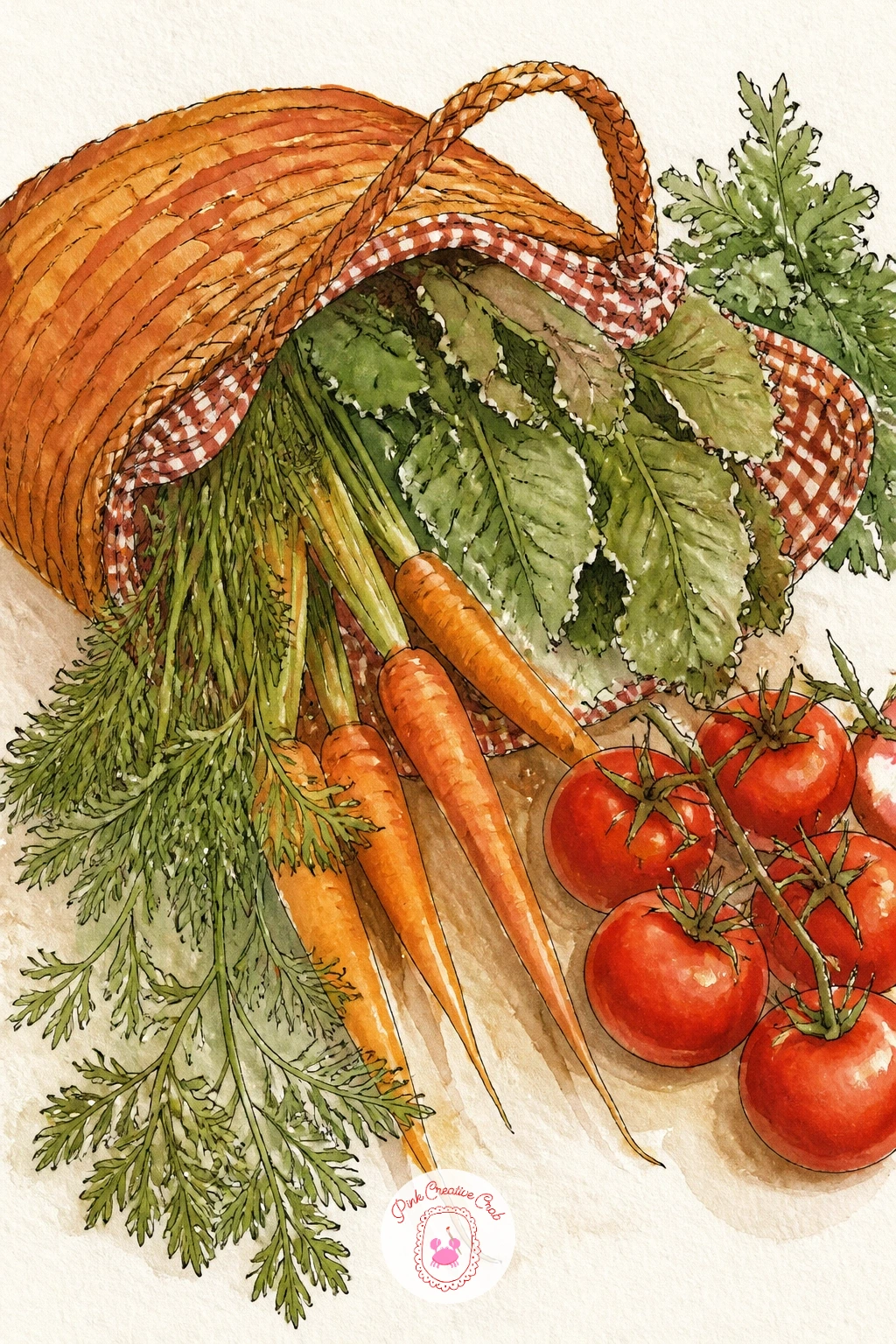 Market Bag of Vegetables on the Counter — A woven market bag spilling with vegetables is a lovely way to pull several shapes into one busy, happy scene, so