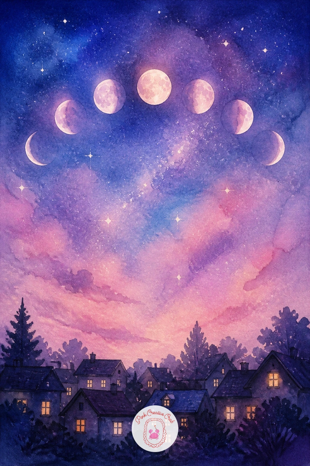 Moon Phases Above a Sleeping Village — Moon phases above a sleeping village turns a simple arc of circles into a full night-sky story. Moon watercolor
