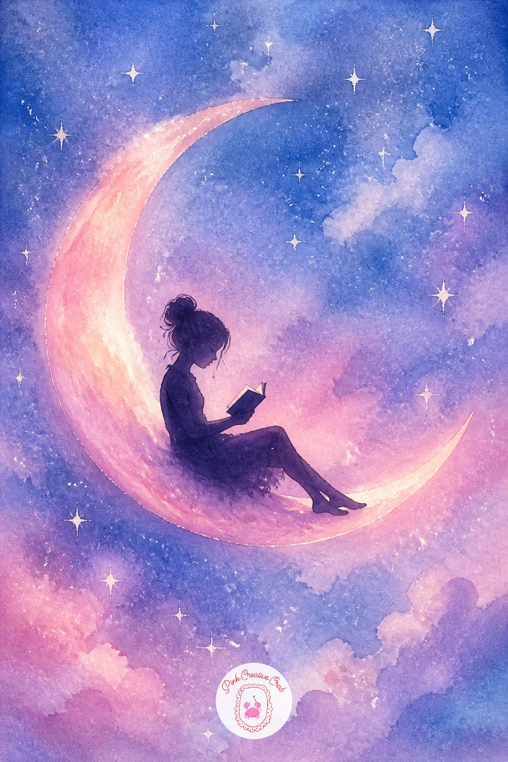 Girl Sitting on a Crescent Moon Reading — Start simple with a girl sitting on a crescent moon reading, a favorite celestial image that is easier to paint than