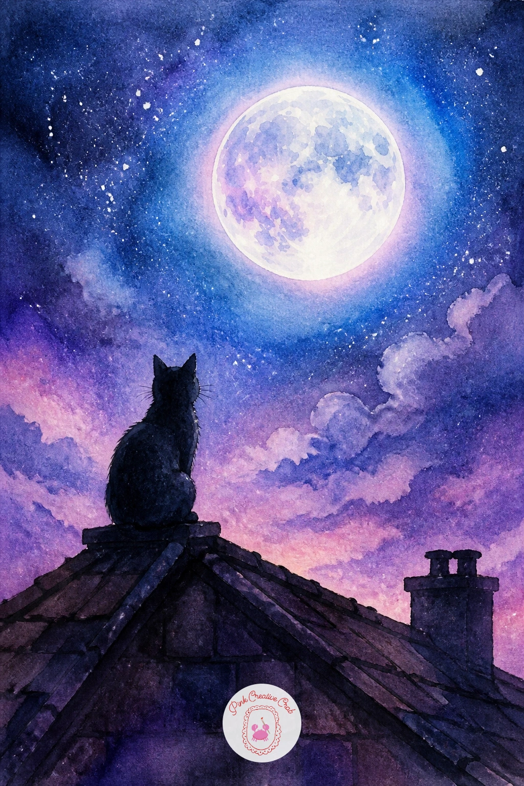 Cat Watching a Full Moon From a Rooftop — Following the sleepy village, a cat watching a full moon from a rooftop brings the celestial theme down to something