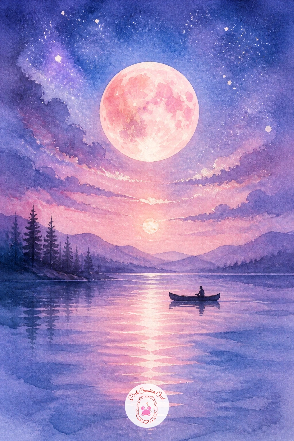 Moon Reflected in a Still Lake With a Canoe — Water doubles the moon's glow, so a moon reflected in a still lake with a canoe is a satisfying next step. Moon