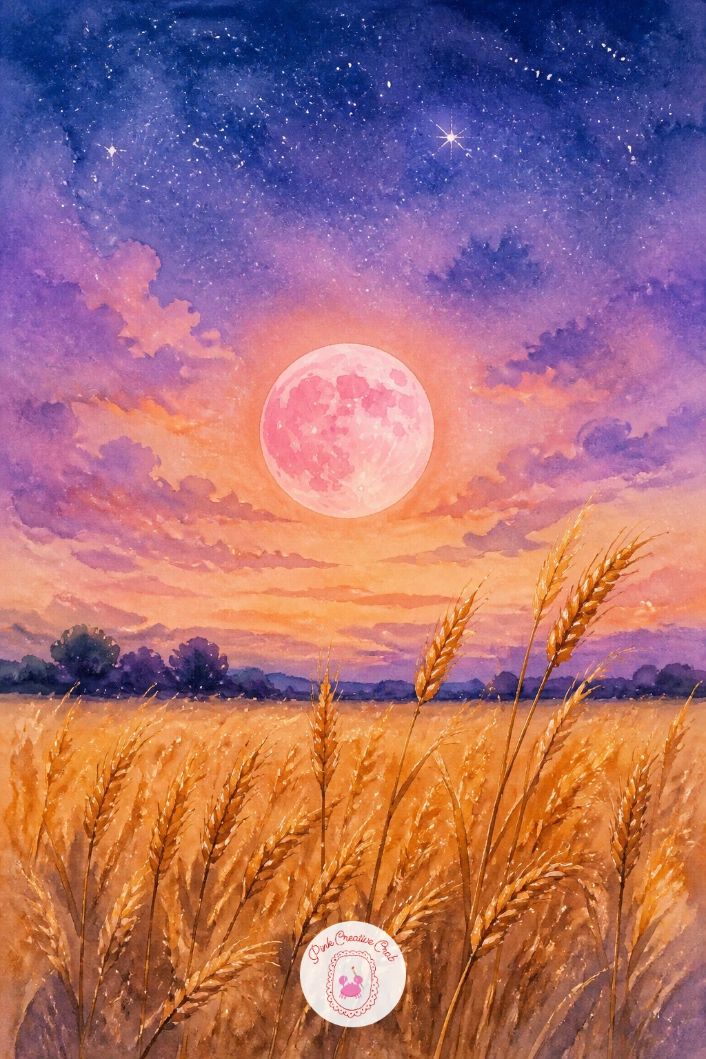 Pink Harvest Moon Over a Wheat Field — Shift the palette toward warmth for a pink harvest moon over a wheat field, where the light source does all the work.