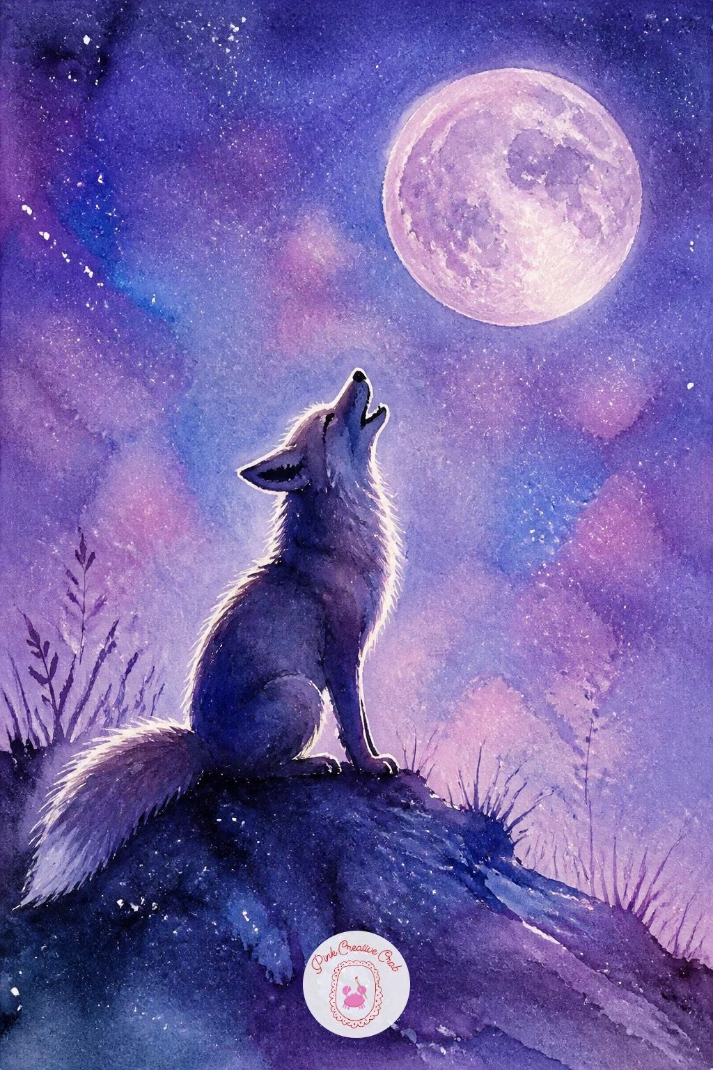 Fox Howling at a Lavender Moon — Wildlife brings its own drama, so try a fox howling at a lavender moon next. Moon watercolor