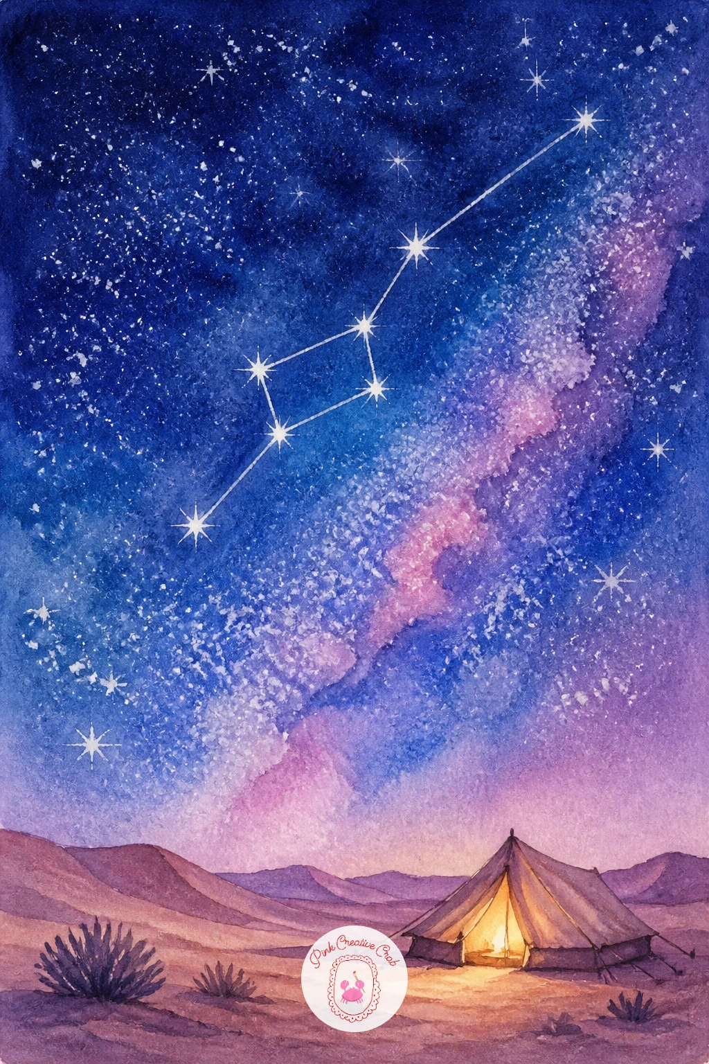 Constellations Over a Desert Camp — Zoom out to a wider scene with constellations over a desert camp, which leans on the same wet-on-wet sky technique with a