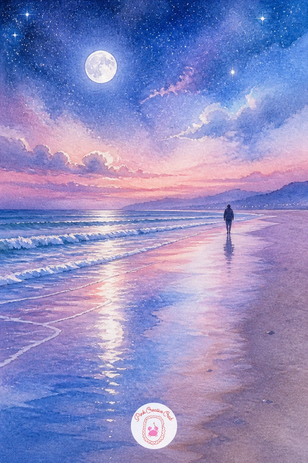 Moonlit Beach With a Lone Walker — Trade sand dunes for shoreline with a moonlit beach with a lone walker, a quiet scene built on just a few value shapes. Moon