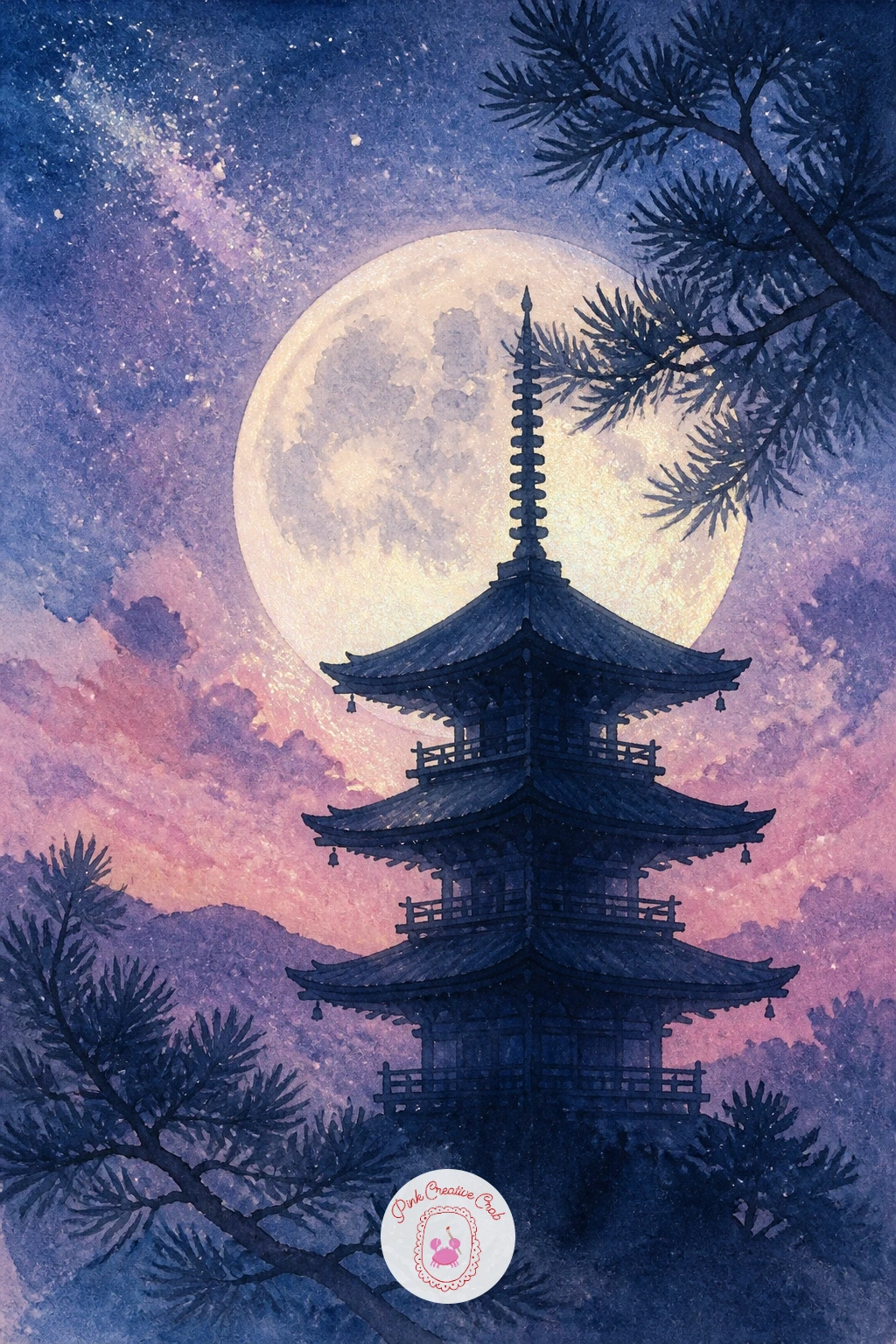Full Moon Behind a Japanese Pagoda — Architecture adds structure to the series with a full moon behind a Japanese pagoda, where the light source sits directly
