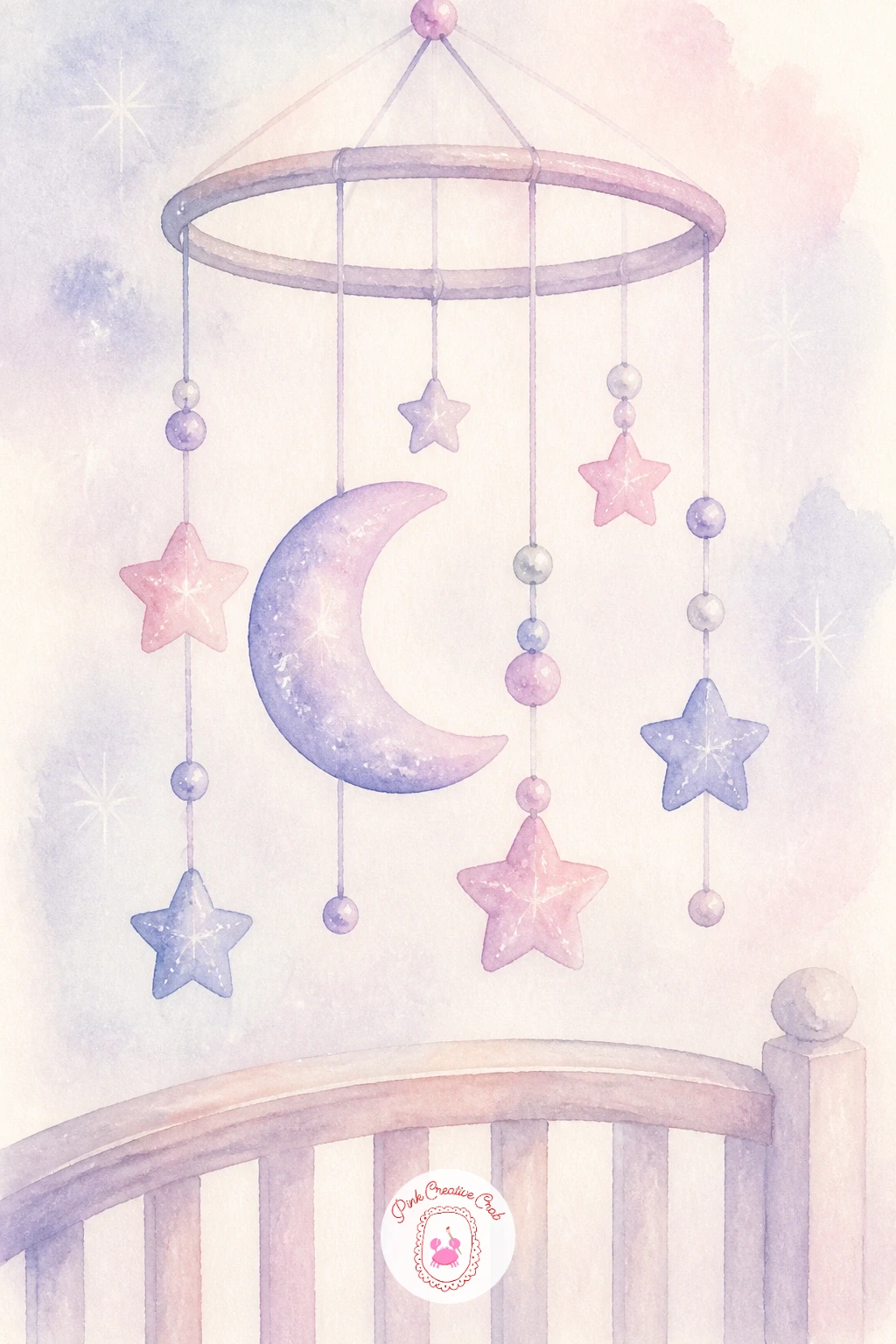 Moon and Stars Mobile Over a Crib — Soften the mood with a moon and stars mobile over a crib, a gentle nursery-themed scene that works well as a gift piece.