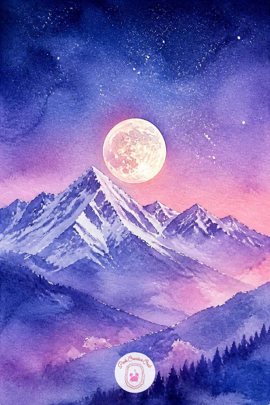 Moon Rising Over Snowy Mountains — Cool the palette down with a moon rising over snowy mountains, where the eye level sits low so the mountains loom large