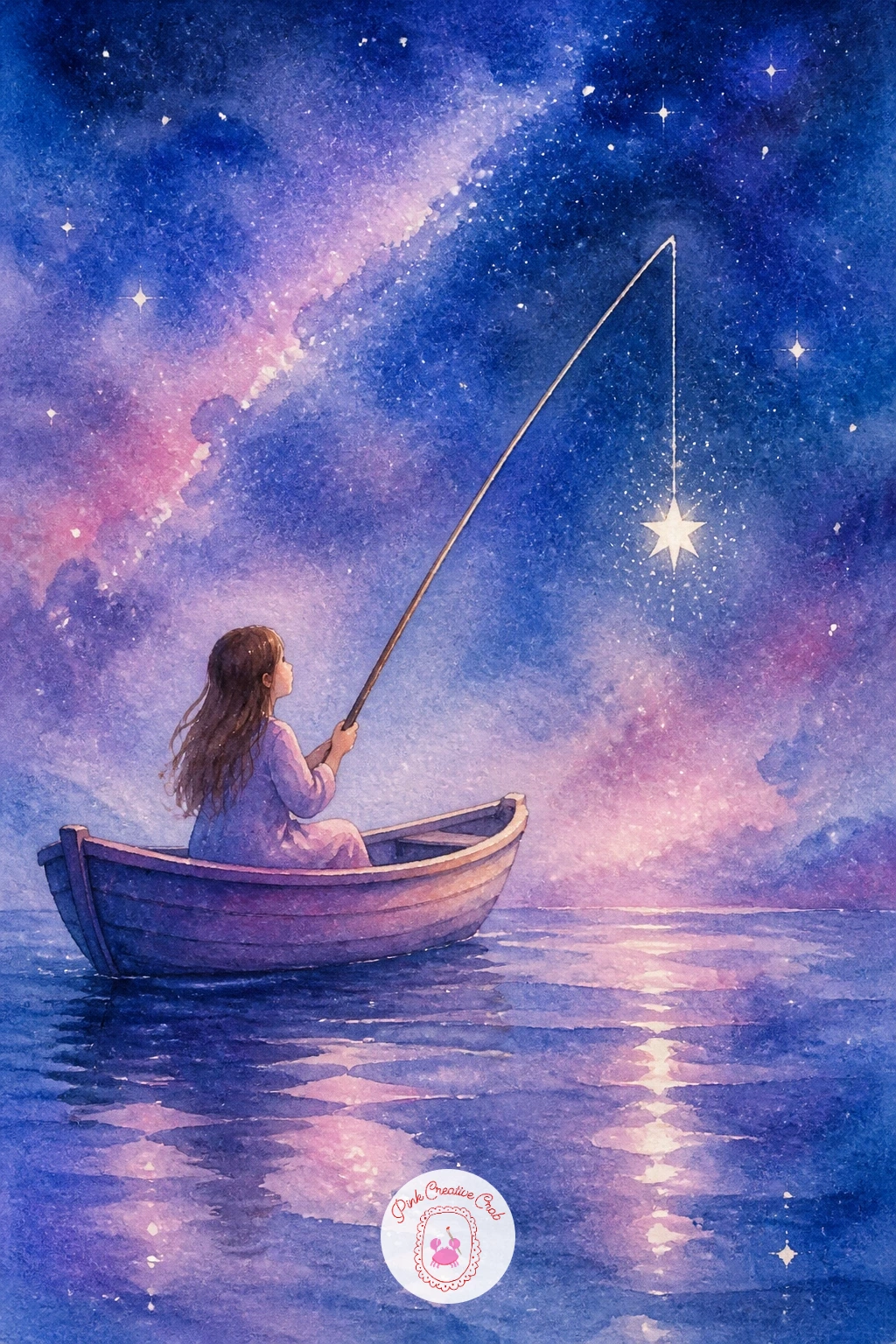 Girl Fishing for Stars From a Boat — Return to a whimsical story with a girl fishing for stars from a boat, floating on a sky rather than water. Moon watercolor