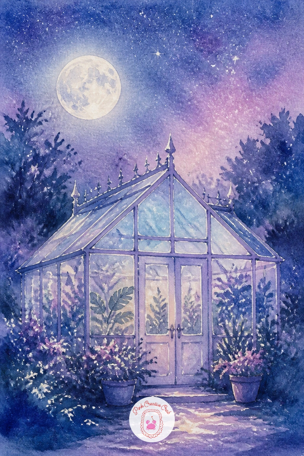 Moonlit Greenhouse — Glass and glow come together in a moonlit greenhouse, a scene that rewards patience with reflective surfaces. Moon watercolor