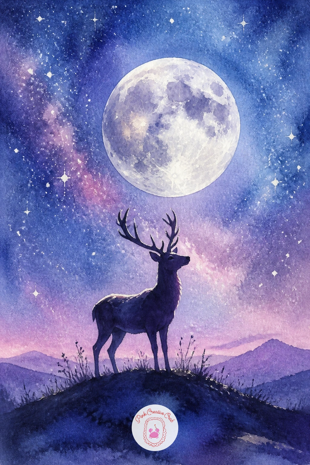 Deer Under a Big Silver Moon — Return to the forest for a deer under a big silver moon, another chance to practice light source and silhouette together. Moon