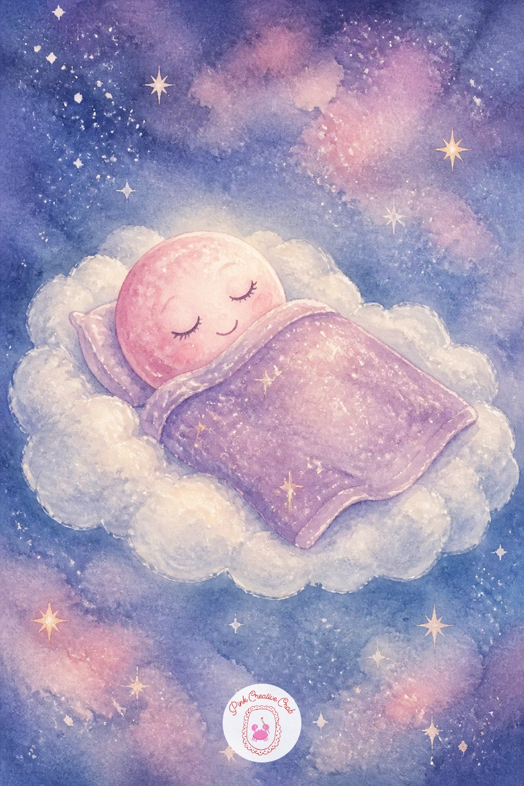 Cloud Bed With the Moon Asleep — Keep the playful character theme alive with a cloud bed with the moon asleep, pairing a soft moon face with a fluffy painted