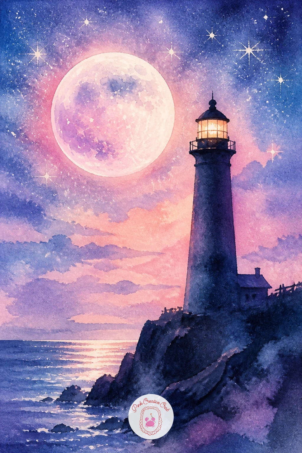 Moon Over a Lighthouse — Bring back a coastal setting with a moon over a lighthouse, a strong vertical composition against the mostly horizontal scenes so far.