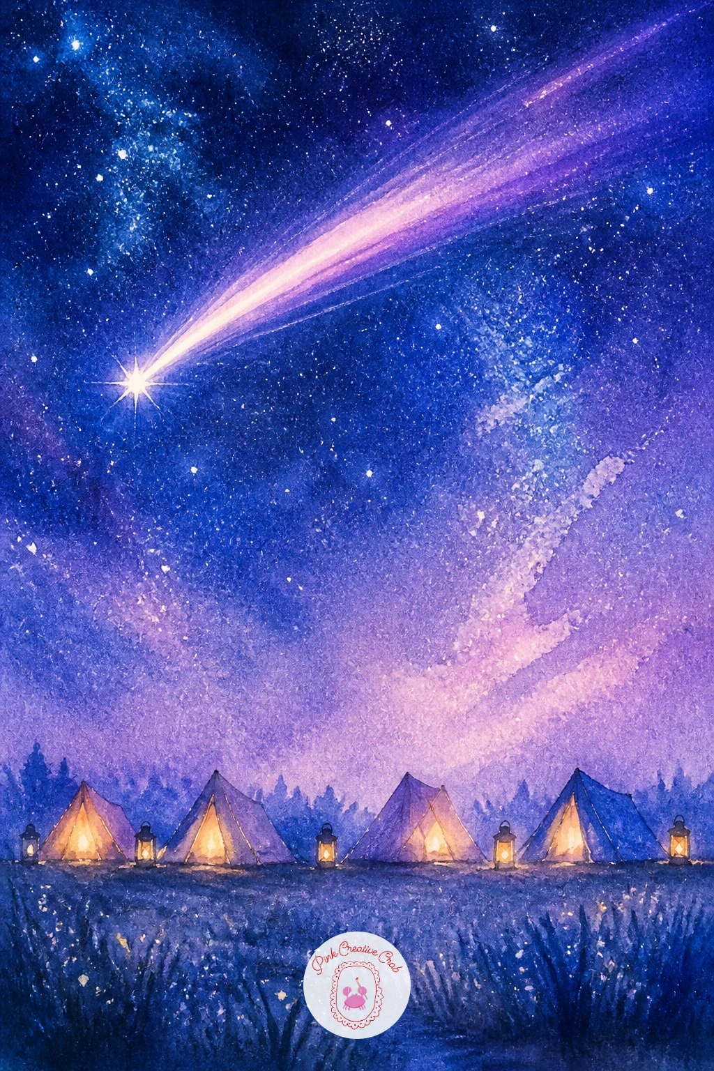 Shooting Star Over a Field of Tents — Return to the ground with a shooting star over a field of tents, a gentle camping scene anchored by one bright diagonal