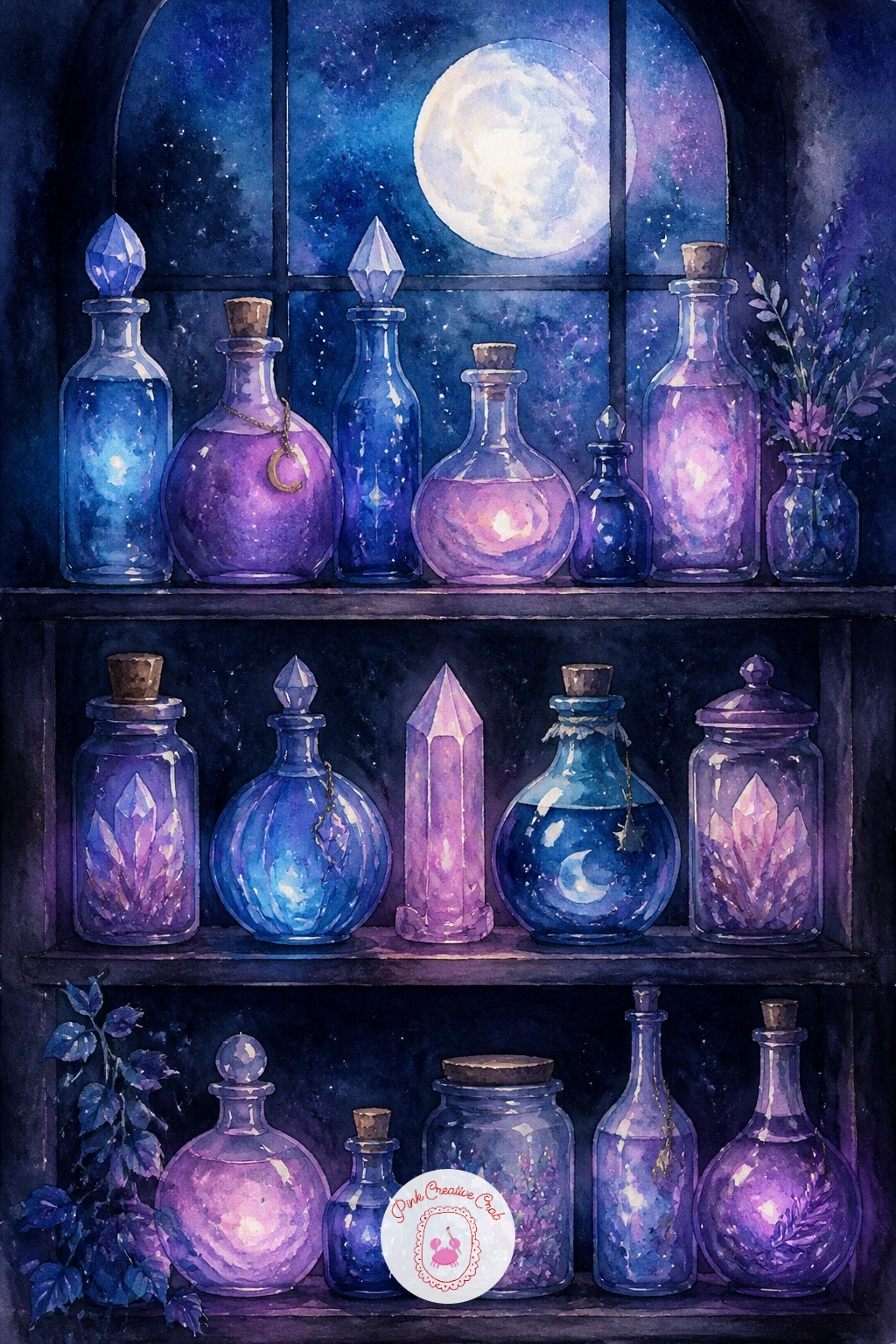Witch's Moonlit Potion Shelf — Add a little mystery with a witch's moonlit potion shelf, a still life that leans into the celestial theme through color rather