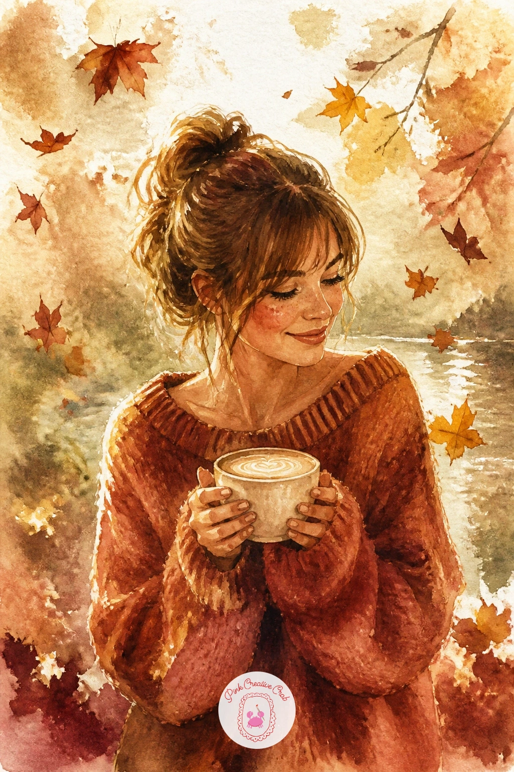 Girl in a Sweater With a Latte — Start with the girl in a sweater holding a latte, since she is mostly soft shapes and one small prop to keep the eye. Fall