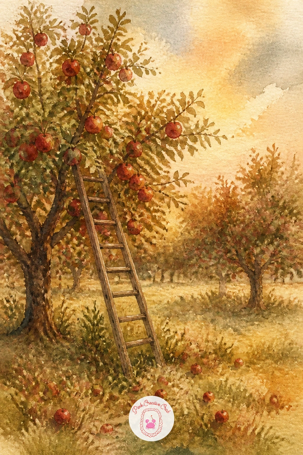 Apple Orchard With a Ladder — From a single figure, move out into a wider scene: an apple orchard with a wooden ladder leaning into one tree. Fall watercolor
