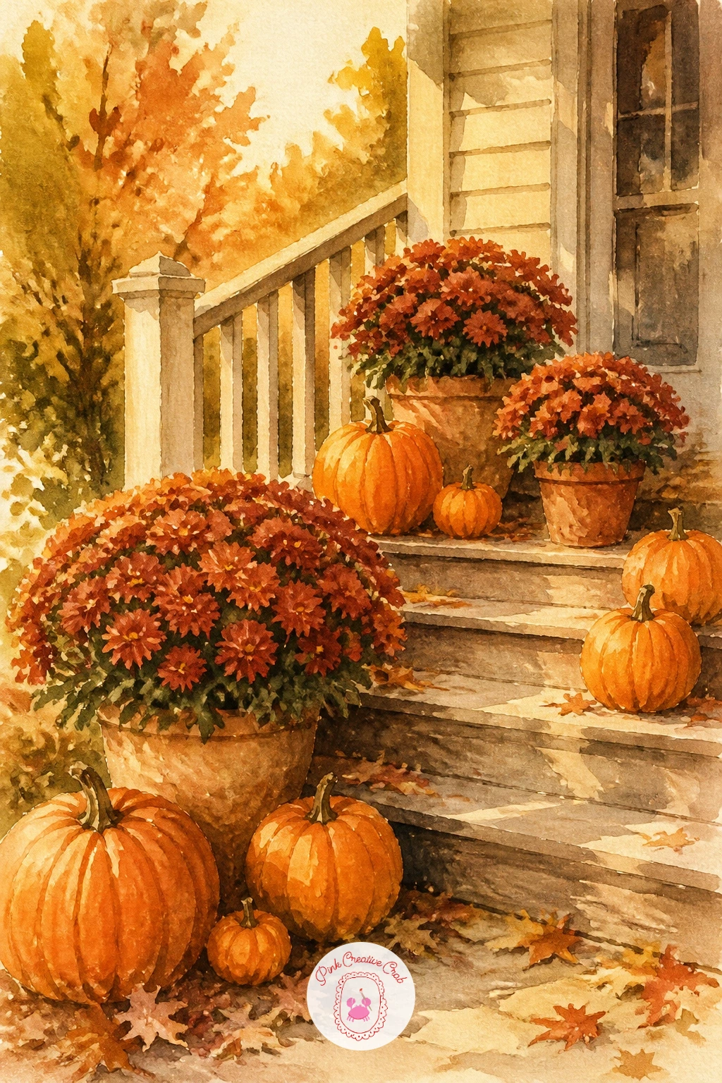 Cozy Porch With Mums and Pumpkins — Bring the scene in close for a cozy porch with pots of mums and a row of pumpkins on the steps. Fall watercolor