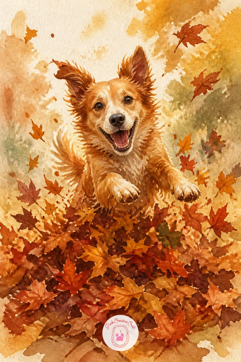 Dog Jumping in a Leaf Pile — Give yourself a loose, playful challenge with a dog jumping into a pile of leaves. Fall watercolor