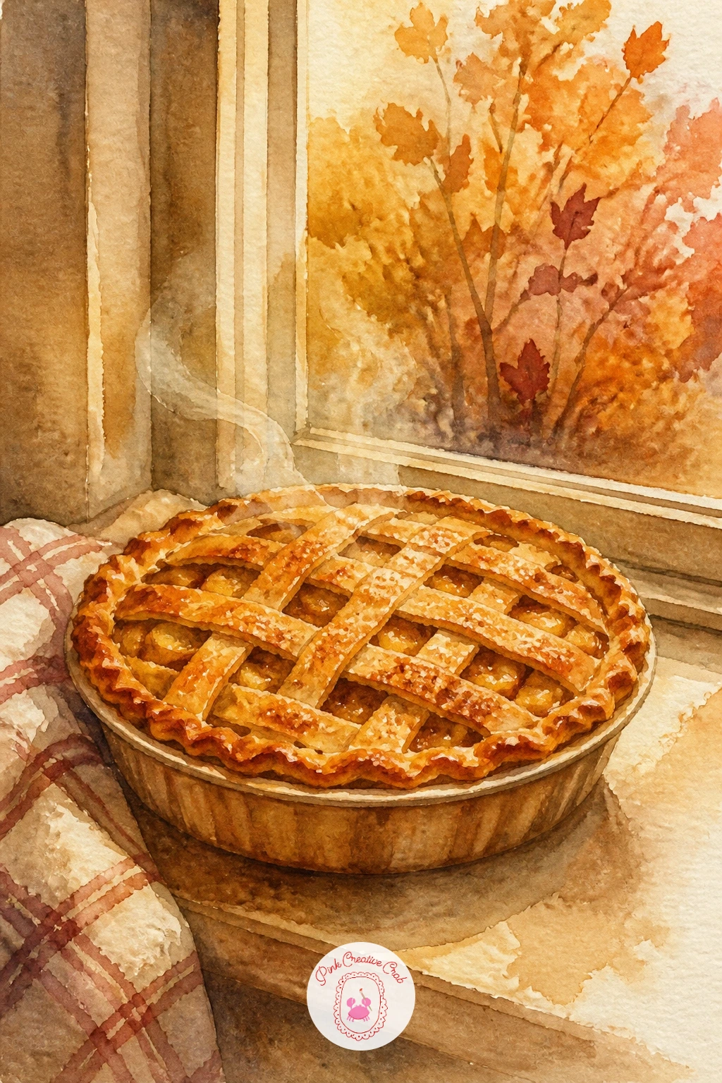 Cinnamon Apple Pie Cooling — Settle into something quieter with a cinnamon apple pie cooling on a windowsill or table. Fall watercolor