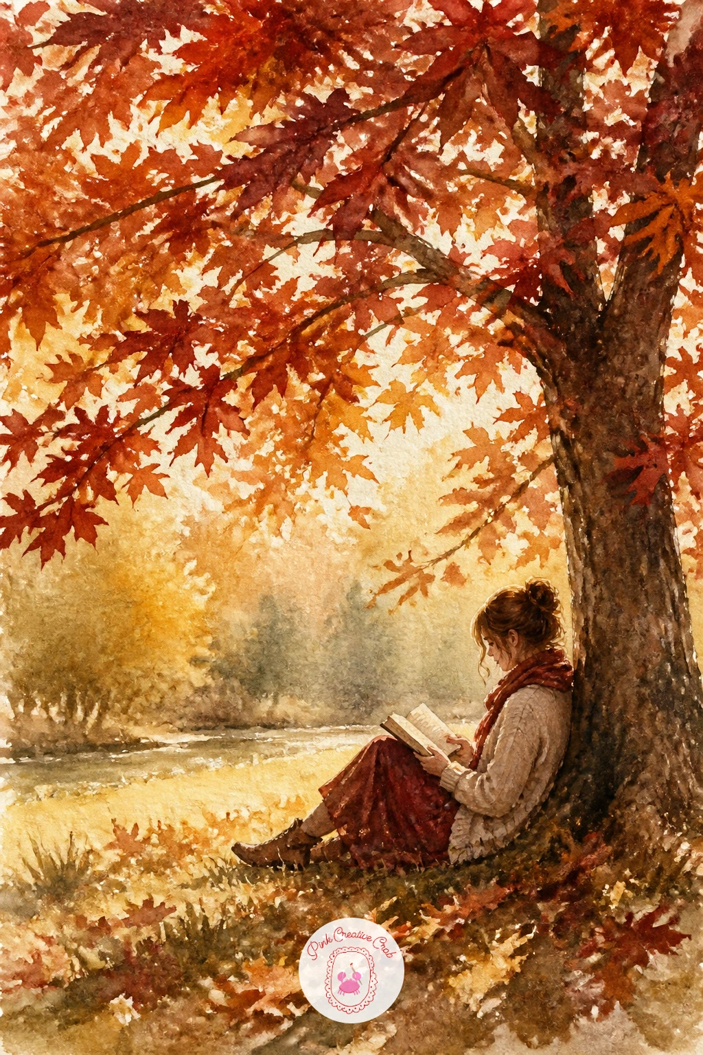 Woman Reading Under a Maple Tree — Follow the pie with a calmer figure scene: a woman reading under a maple tree in full autumn color. Fall watercolor