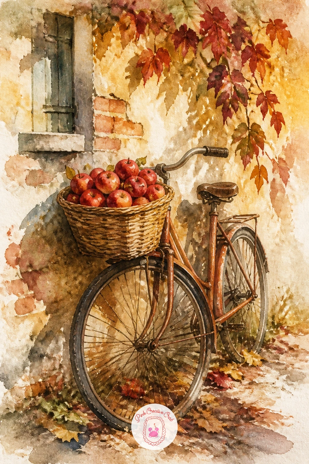 Basket of Apples on a Bike — Move to a styled still life next with a basket of apples balanced on the front of a bicycle. Fall watercolor