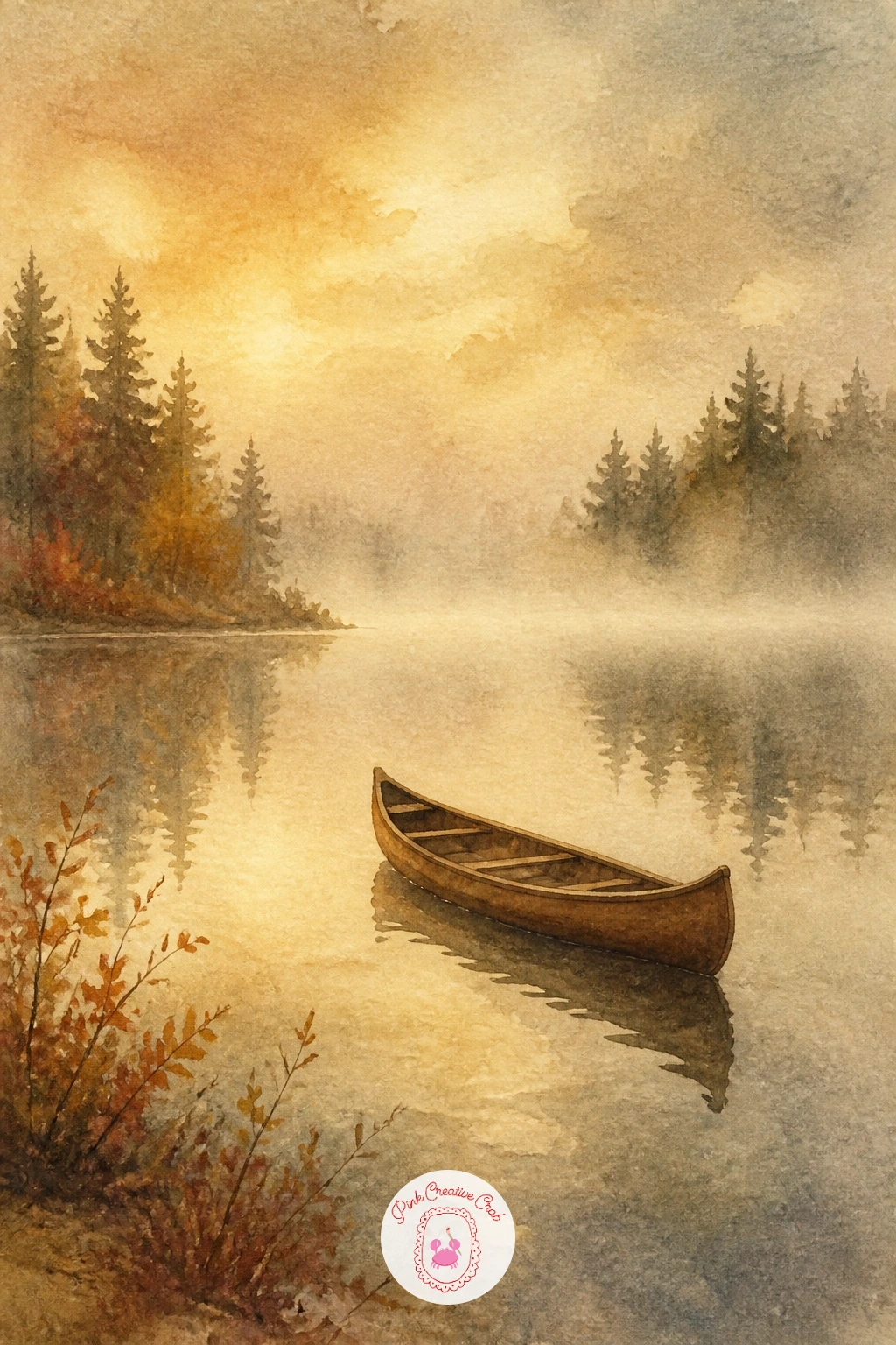 Foggy Autumn Lake With a Canoe — Shift into a quieter landscape with a foggy autumn lake and a lone canoe drifting near the shore. Fall watercolor
