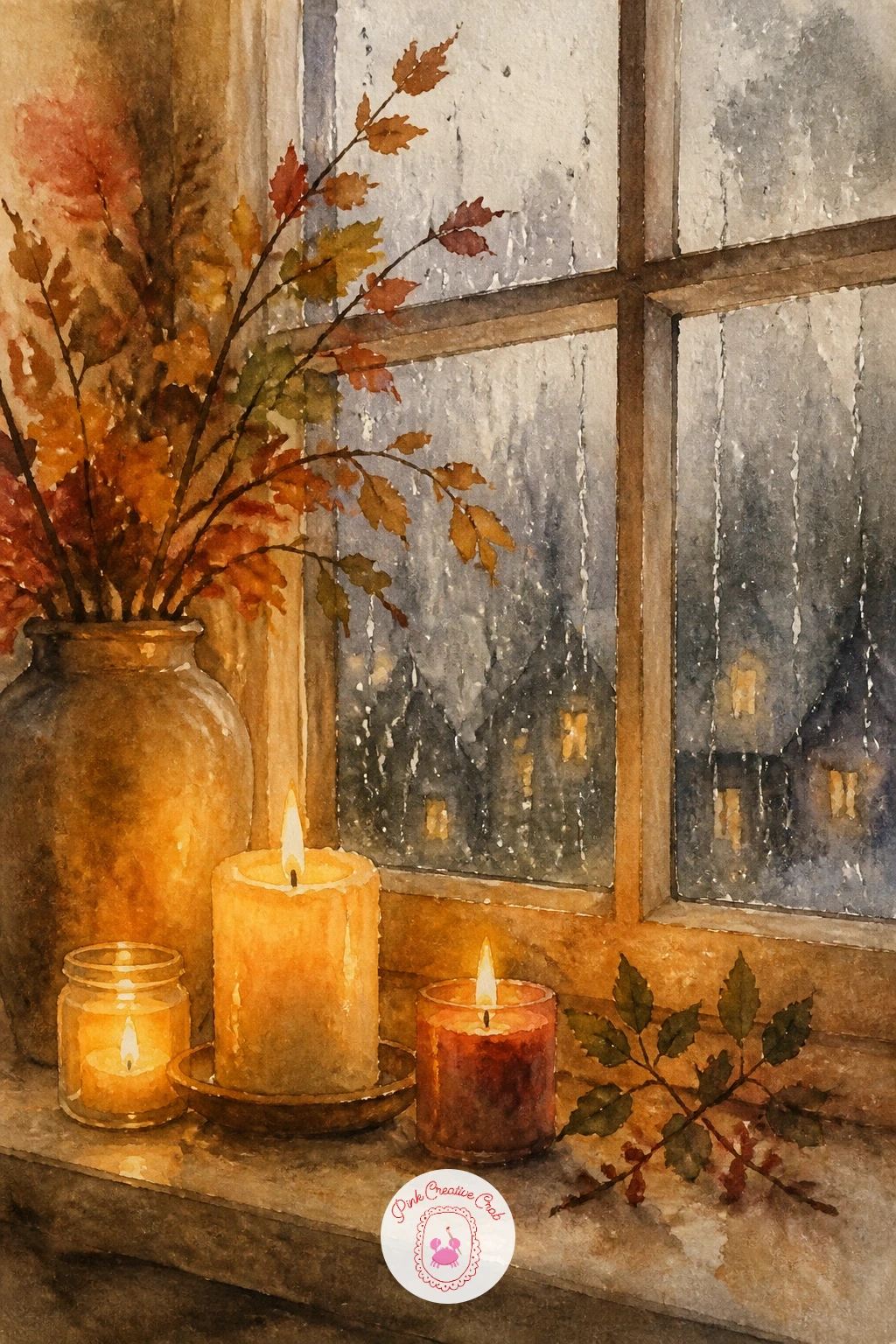 Cozy Window With Candles and Rain — Bring the mood indoors with a cozy window scene, candles on the sill and rain streaking the glass outside. Fall watercolor