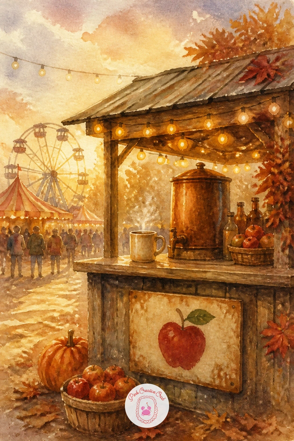 Hot Cider Stand at a Fair — Add some life to the page with a hot cider stand at a fair, strings of bulbs overhead and a steaming mug on the counter. Fall