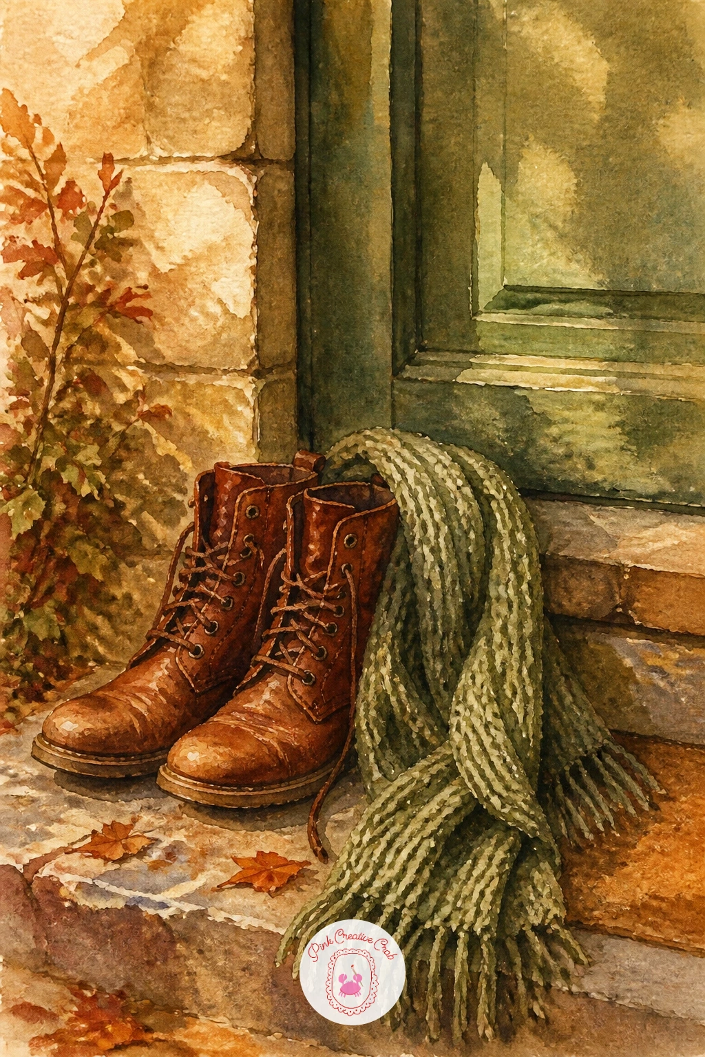 Boots and a Scarf by the Door — Narrow the focus right down for a still life of boots and a scarf by the door. Fall watercolor
