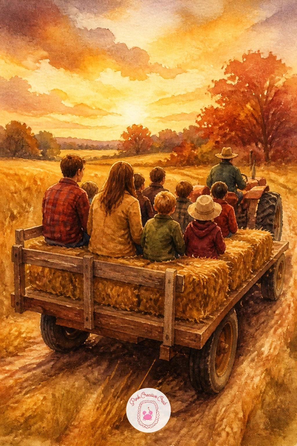 Hayride at a Farm — Widen out again for a hayride scene, a wagon loaded with hay bales and a few riders pulled by a tractor or horse. Fall watercolor