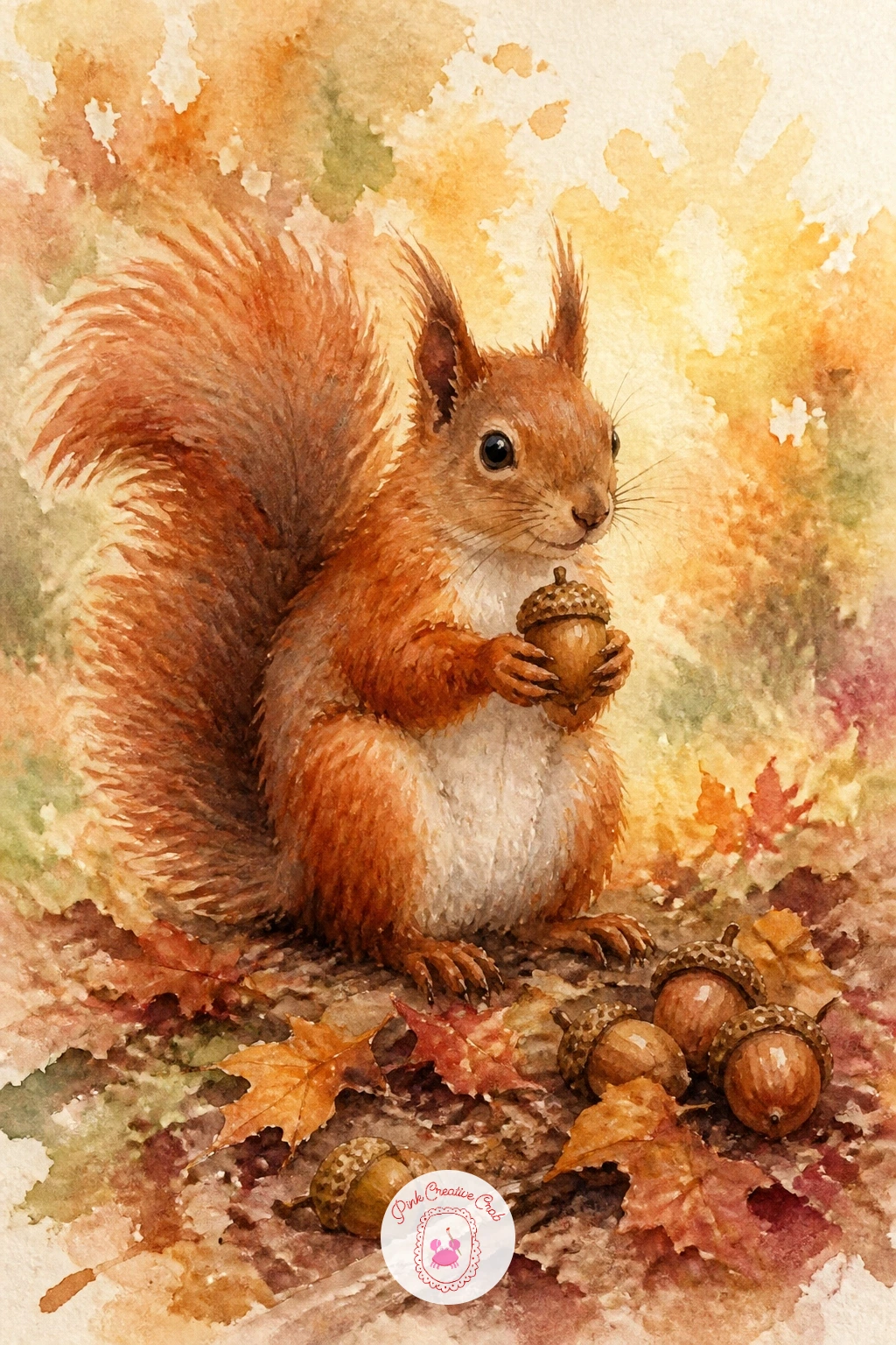 Squirrel Collecting Acorns — Bring in a small creature with a squirrel collecting acorns, cheeks full, paws gripping one more. Fall watercolor