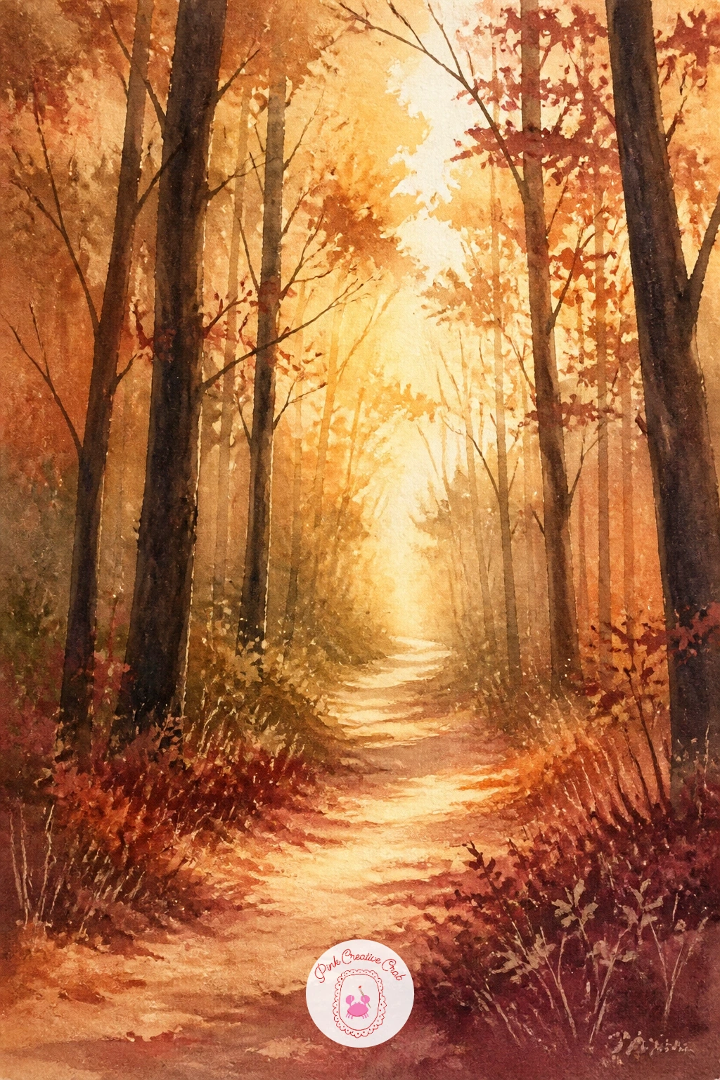 Forest Path in Golden Light — After the squirrel, pull back into the wider forest it lives in: a path cutting through trees in golden late afternoon light.