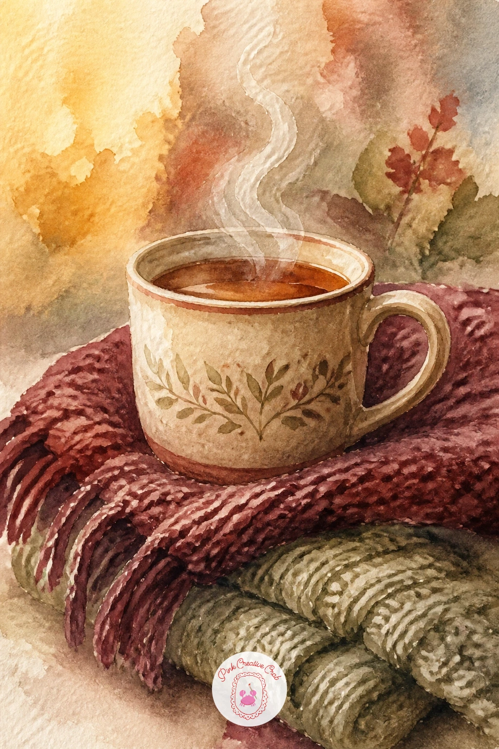Mug of Tea With a Blanket — Settle back into something small and simple with a mug of tea resting on a folded knitted blanket. Fall watercolor