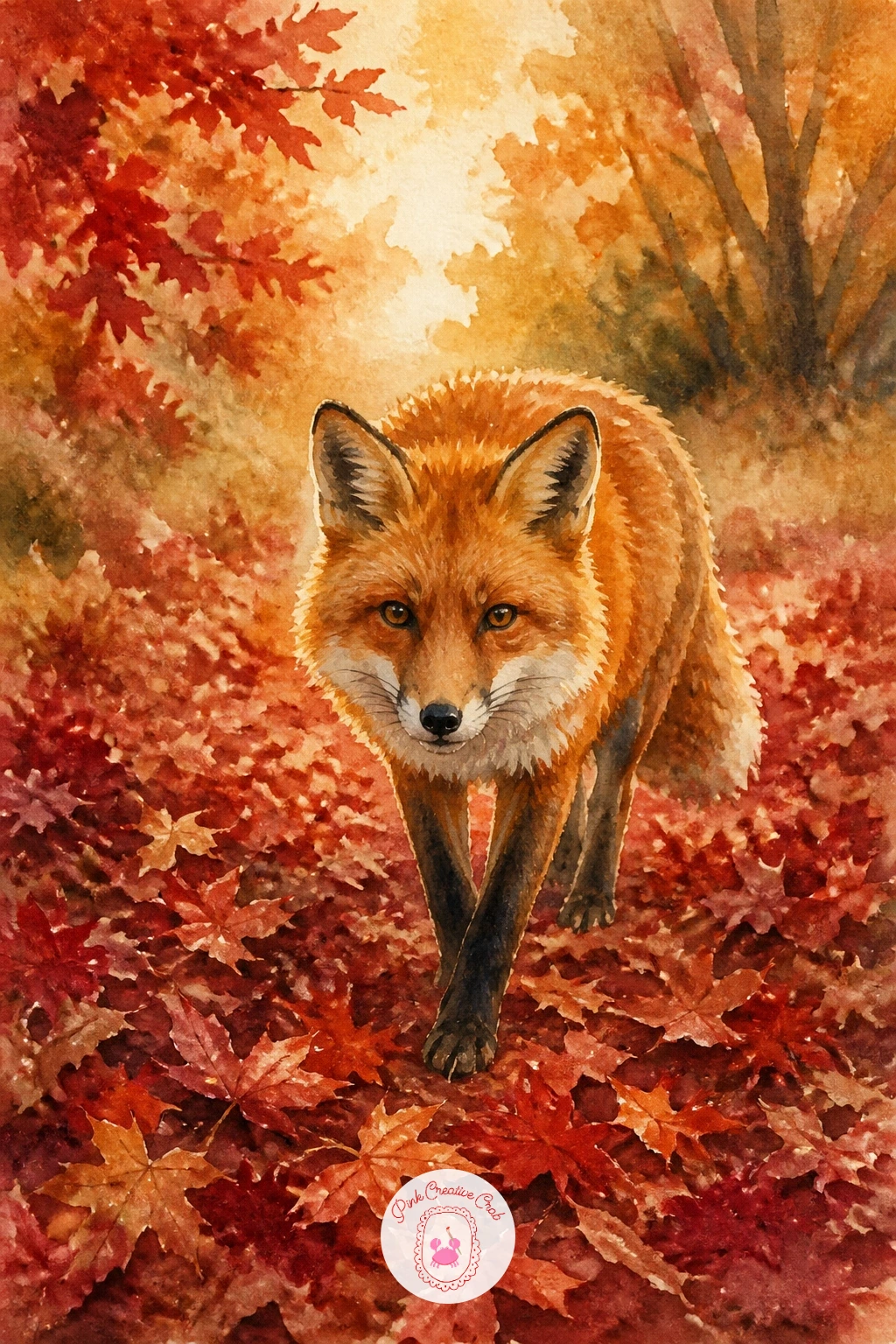 Fox in Red Leaves — Return to a wild animal subject with a fox curled or walking through a carpet of red leaves. Fall watercolor