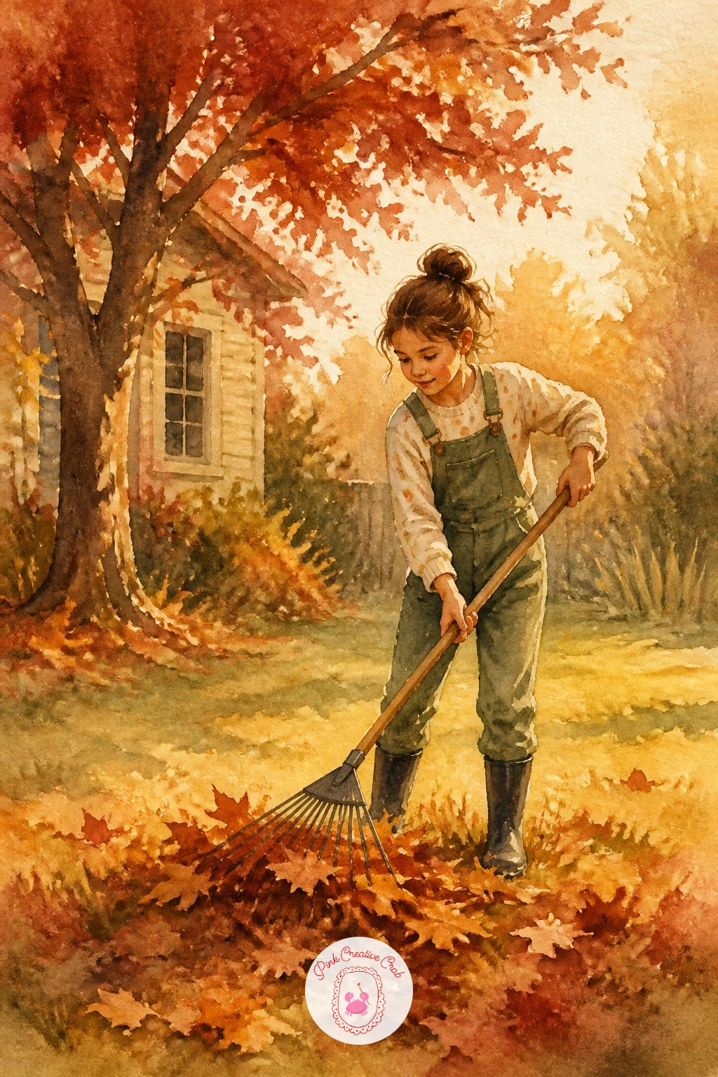 Girl Raking Leaves — Bring the figure back into motion with a girl raking leaves into a pile across a yard. Fall watercolor