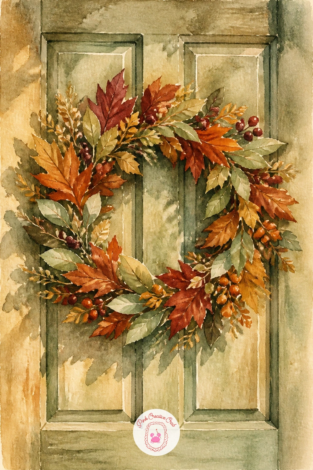 Autumn Wreath on a Door — Shift to a decorative still life with an autumn wreath hung on a wooden door. Fall watercolor