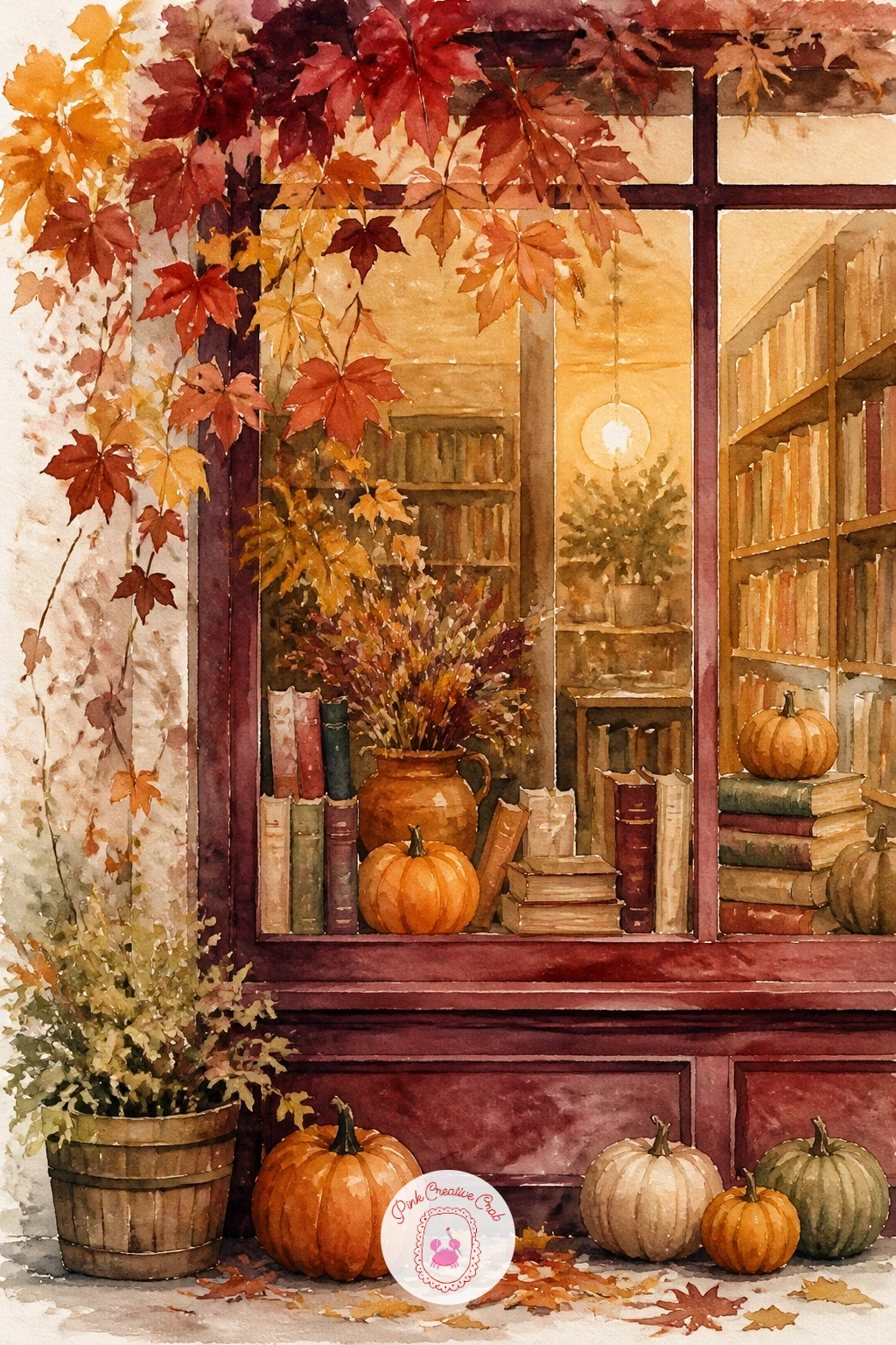 Bookshop With Fall Display — Step into a cozy storefront with a bookshop window dressed for fall, pumpkins and books stacked behind the glass. Fall watercolor