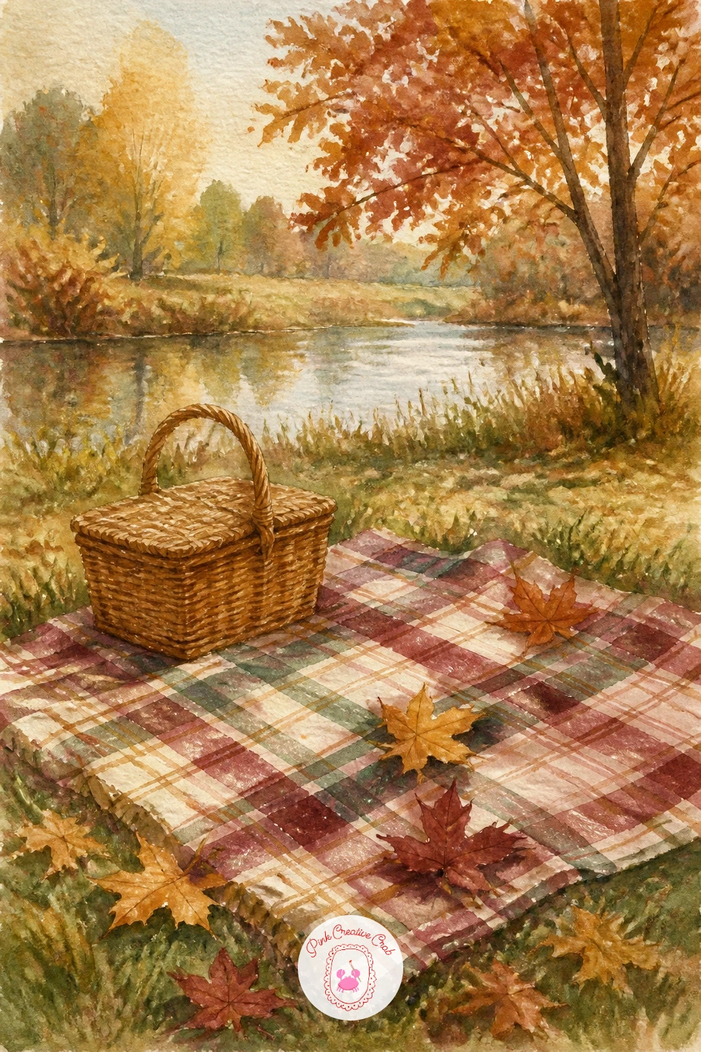 Picnic With Plaid Blanket — Lay out a picnic scene next, a plaid blanket spread on grass with a basket and a few scattered leaves. Fall watercolor