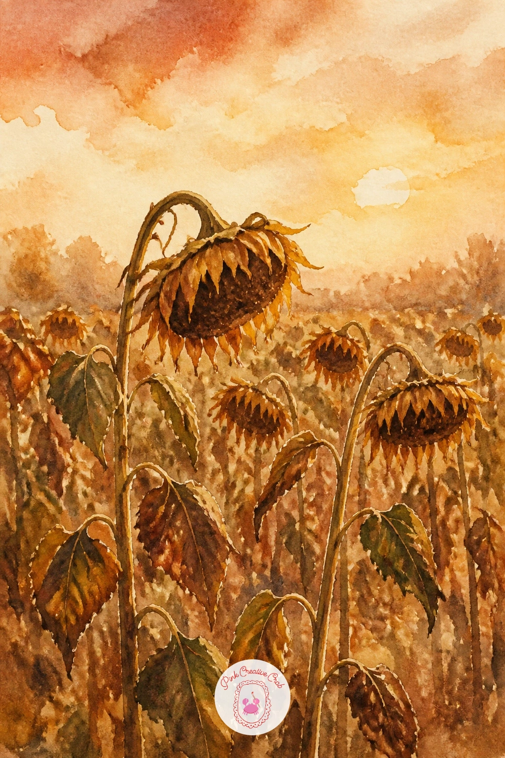 Field of Sunflowers Drying — Move into a wider landscape with a field of sunflowers past their bloom, heads bowed and drying in the autumn sun. Fall watercolor
