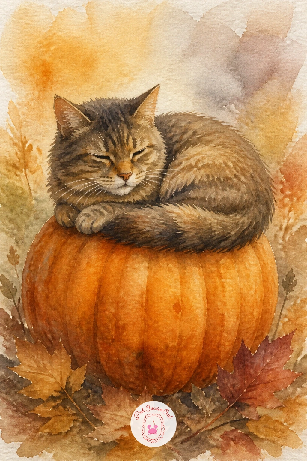 Cat on a Pumpkin — Bring a pet back in with a cat curled or perched on top of a pumpkin. Fall watercolor