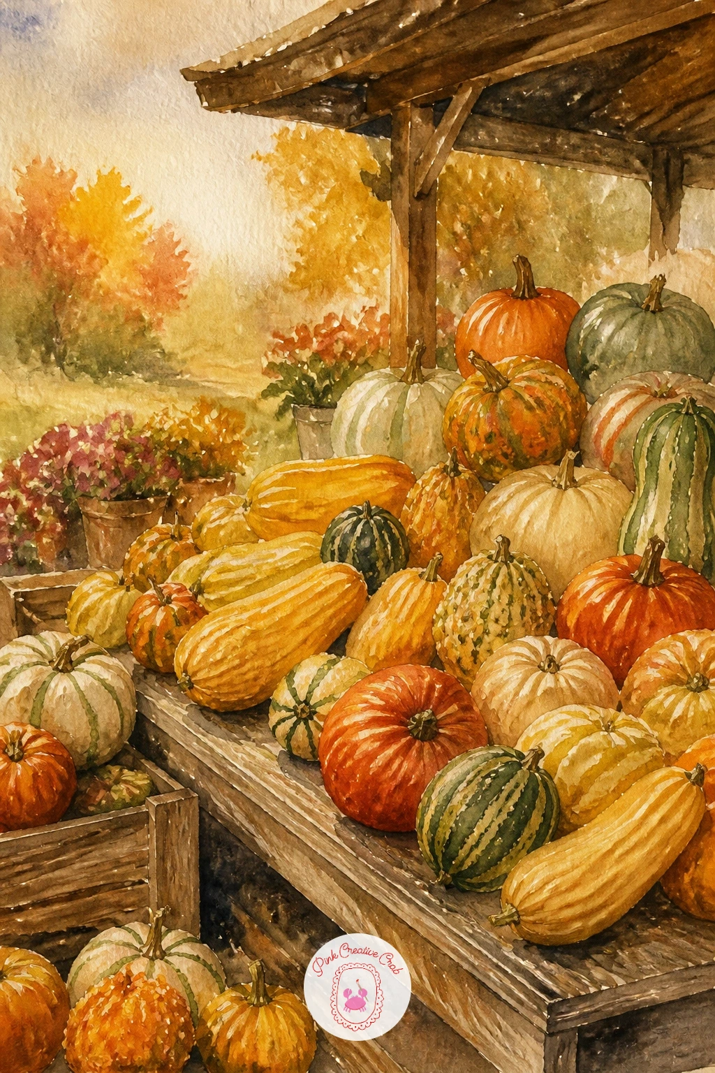 Farmers Market With Squash — Widen the still life into a small scene with a farmers market stall piled with squash and gourds. Fall watercolor