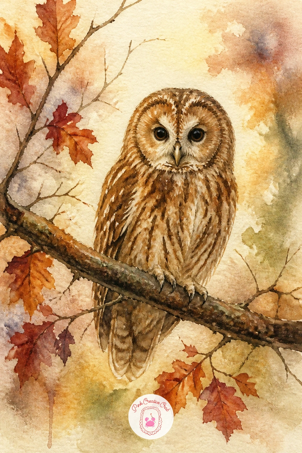 Owl in an Autumn Tree — Settle on a quieter wildlife piece with an owl perched in a bare or half turned autumn tree. Fall watercolor