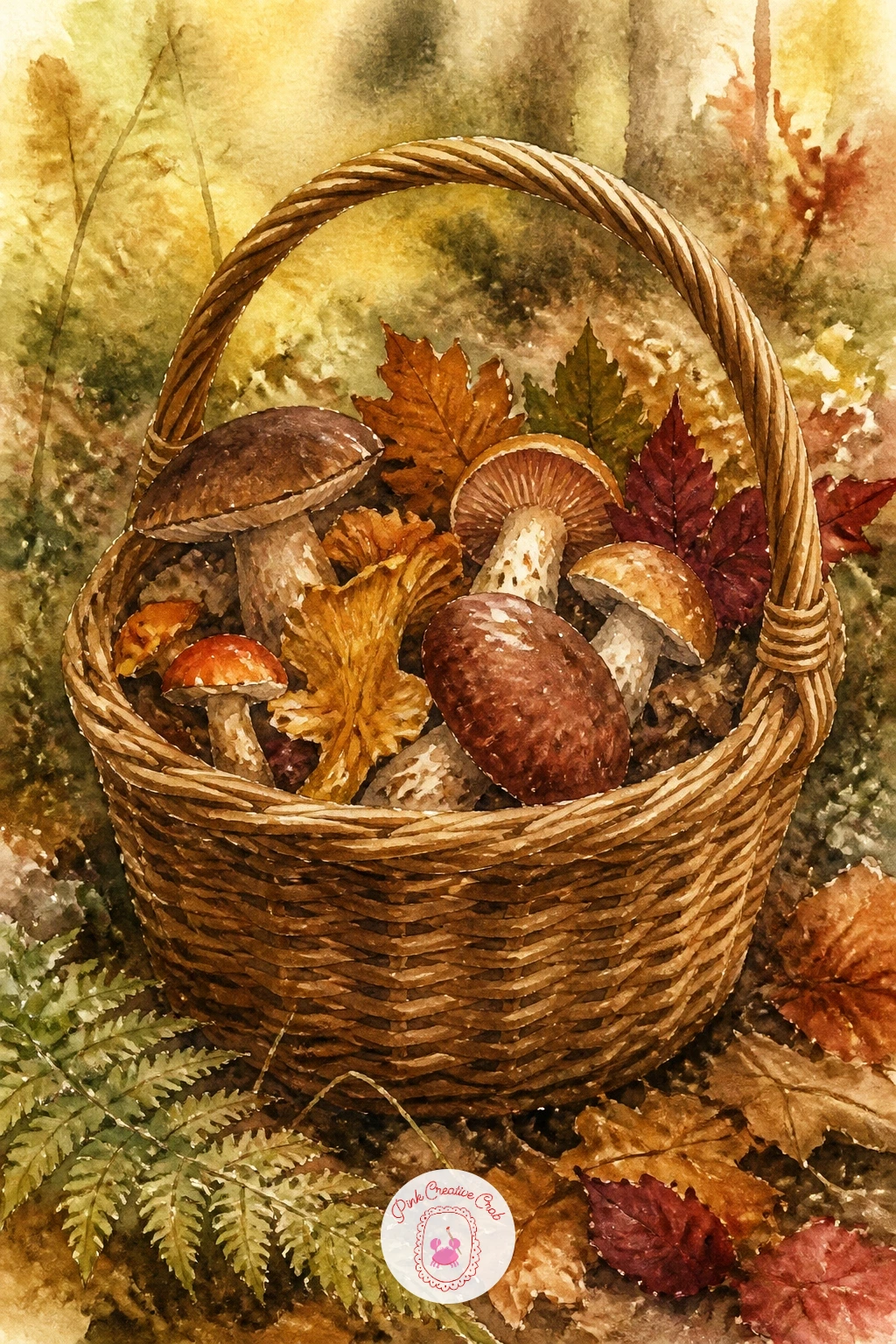 Mushroom Foraging Basket — Bring the focus down to the forest floor with a woven basket full of foraged mushrooms and a few fallen leaves. Fall watercolor